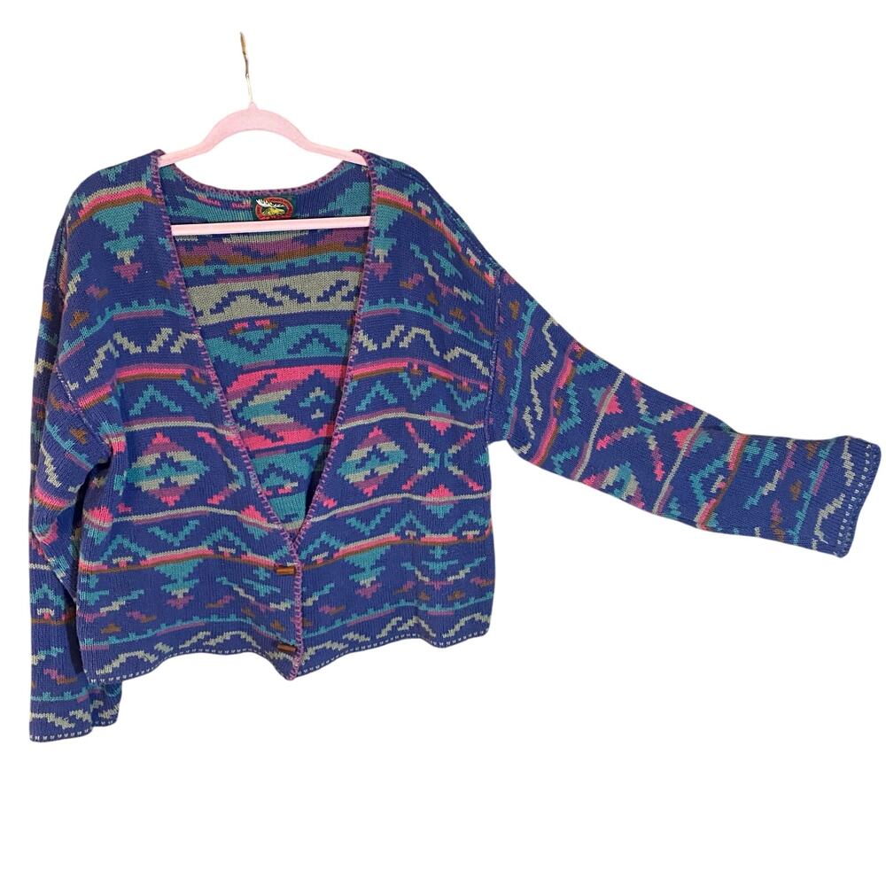 Vintage ALPS Southwestern Cotton Cardigan Sweater XL USA Aztec Knit Boho purple - Picture 2 of 8